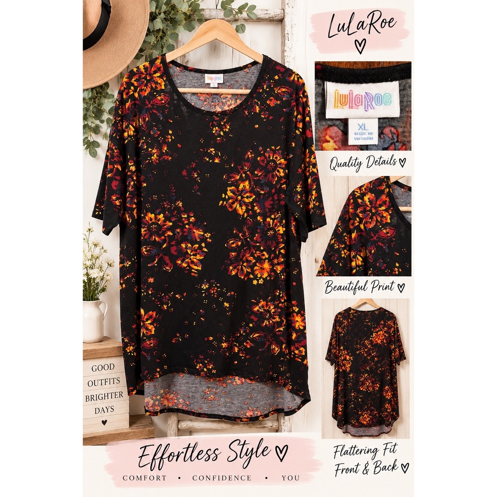 LuLaRoe Irma Tunic Top XL Black Orange Floral Short Sleeve High Low Hem Shirt